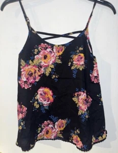 Mudd Tank Top Girls Size 12 Black Floral High Neck Spaghetti Strap Tassel Trim - Picture 1 of 2