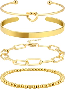 14K Gold Plated Charm Bangle Cuff Bracelet Set for Women Stack Non Tarnish Gold - Picture 1 of 12