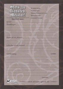 Narrativa-Ersatz-Charakterbogen für Rollenspiel "Stets zu Diensten,Meister!"-neu - Picture 1 of 1