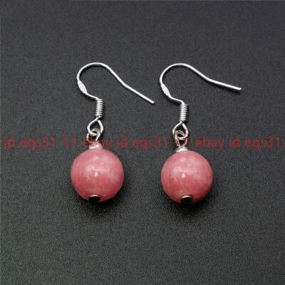 Faceted Pink Rhodochrosite Round Gems Dangle Silver Hook Earrings 8/10/12/14mm - Image 1 of 4