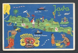 Java Map postcard Wayang Wajang Mask People Ships Indonesia 40s - Foto 1 di 1