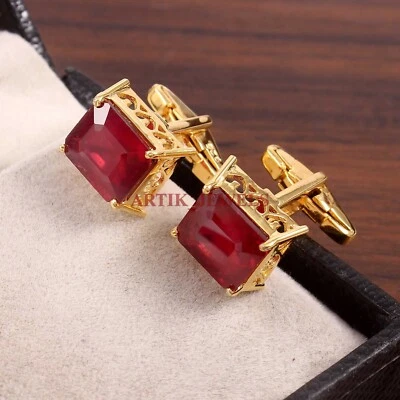 Heated Ruby Gemstone With 18k Gold Plated Silver Cufflink #4719 - Image 1 of 3