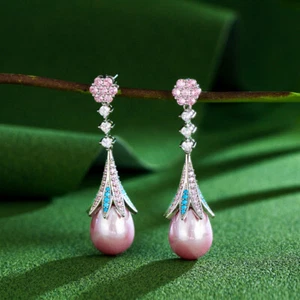 Charming Silver Plated CZ Women Long Round Flower Pink Pearl Dangle Drop Earring - Picture 1 of 7