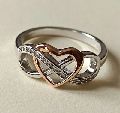 Silver Two-Tone Heart Infinity Diamante Ring, Womens Fashion Jewellery, UK - Image 1 of 4