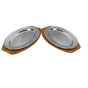 Vintage Oval Metal Tray Wood Base Serving Steak Plate Set of 2 Japan MCM - Picture 1 of 10