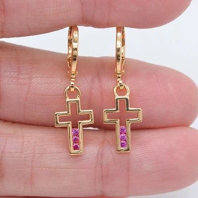 Pendientes colgantes cruzados topacio rojo rosa moda oro amarillo de 18 quilates para mujer joyería Foto 1 de 3