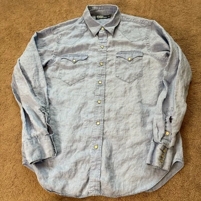 VTG Polo Ralph Lauren Pearl Snap Western 100% Linen L/S Shirt Blue Men’s L - Image 1 of 4