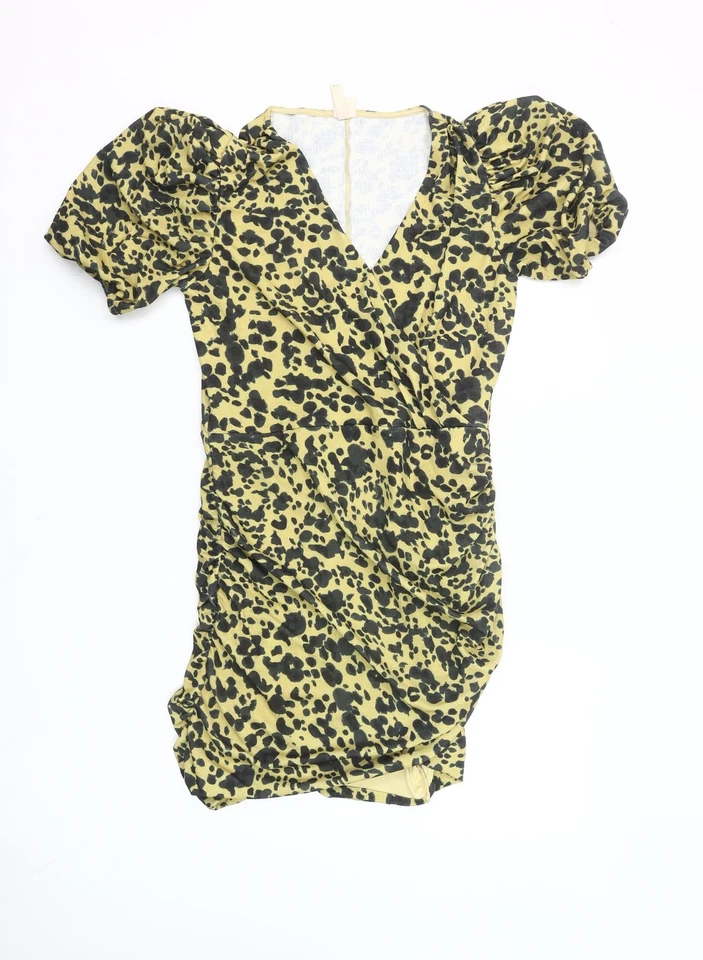 H&M Women Yellow Leopard Print Bodycon Dress Size 12 Short Puff Sleeve - Image 1 of 4