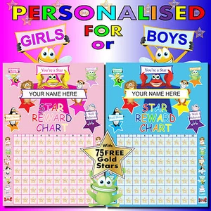 Tabla de recompensas para niños personalizada para niñas o niños con 75 pegatinas de estrellas doradas  - Imagen 1 de 8
