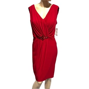 Alex Evenings Red Dress Size 12 Jewel Waist Faux Wrap Sleeveless Ruched NWT - Picture 1 of 18