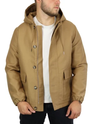Sandro Deck Chaqueta Hombre Pequeño Capucha Parche Bolsillos Forro Polar Camel - Imagen 1 de 4