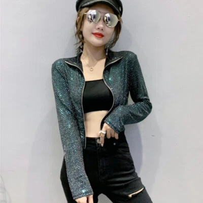 Lady Shiny Glitter Sequin Short Jacket Long Sleeve Zip Cardigan Coat Party Dance - Image 1 of 4