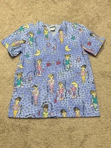 Simply Basic Womens Scrub Top Size Small Blue Print Button Front Deep Pockets - Picture 1 of 12