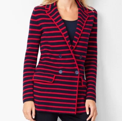 Talbots blazer women's XL Petite red blue stripe knit cotton blend double chest - Image 1 of 4