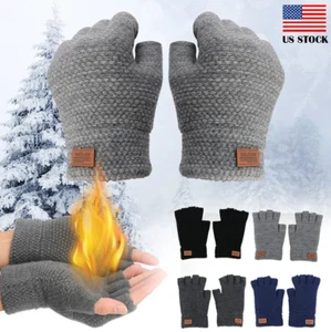 Winter Alpaca Wool Fingerless Gloves Thermal Men's Knitted Half Finger Mitten US - Picture 1 of 18