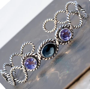 Black Onyx, Amethyst Cuff 925 Sterling Silver Handmade Vintage Woman's Bangle - Picture 1 of 8
