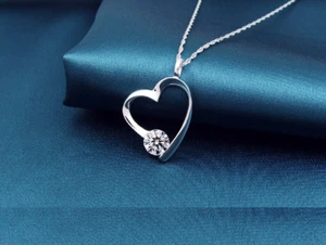 Open Heart CZ Love Charm 925 Sterling Silver Rhodium Pendant Necklace 18" G8 - Picture 1 of 6