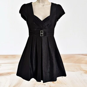 Nanette Lepore Black Midi Dress Sz 2 Fit & Flare Crystal Belt Buckle Textured - Bild 1 von 8