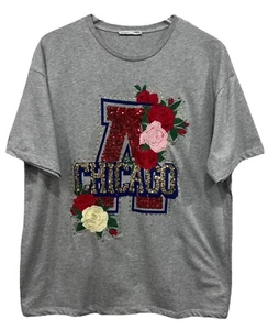 Zara Pailletten bestickt Chicago T-Shirt Tee grau Kurzarm Oversized Gr. M - Bild 1 von 4