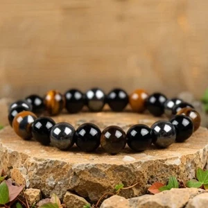 Triple Protection 10mm Beads Tiger Eye Obsidian Hematite Healing Man Bracelet - Picture 1 of 5