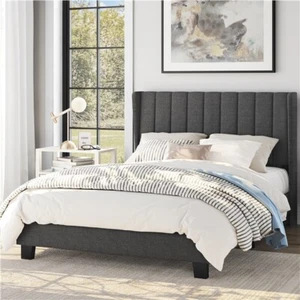 Full/Queen/King Upholstered Platform Bed Frame Tufted Headboard Gray/Blue/Beige - Picture 1 of 41
