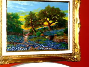 ORIGINALE Bluebonnet Paesaggio Recinzione Cancello Cactus Stagno Alberi Tramonto Olio C Dipinto - Foto 1 di 11