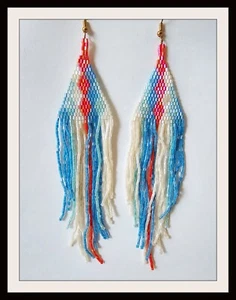 6.5" Long Blue, White & Orange Beaded Boho Earrings Tribal Shoulder Duster - Picture 1 of 1
