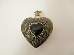 Antique Vintage Sterling Silver Pefume Bottle Heart Pendant Black Stone Inlay - Picture 1 of 7