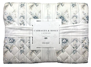 Cabbages & Roses KING Quilt India Rose Grey Blue White Floral Embroidered - Picture 1 of 17