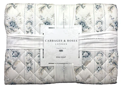 Cabbages & Roses KING Quilt India Rose Grey Blue White Floral Embroidered - Image 1 of 4