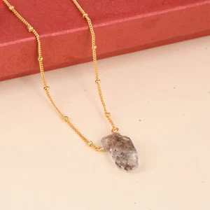 Herkimer Diamond Rough Pendent & Necklace 925 Sterling Silver Gold Plated Chain - Picture 1 of 12