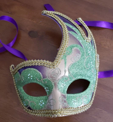 Adult Glitter Gold/Purple/Green Mardi Gras Masquerade Mask - Image 1 of 4