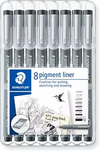 STAEDTLER 308 SB8 Pigment Liner Pens - Assorted Line Widths, Black (Set of 8) - Picture 1 of 12