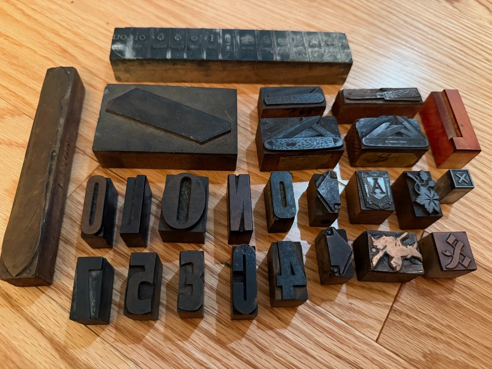 Vintage Antique Lot Letterpress Letters Symbols Wood Type Printers Block  /LOT C - Image 1 of 1