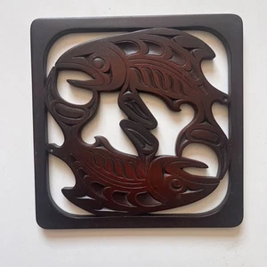 Handcrafted Trivet Salmon Fish by Boma Mahogany Color Recycled Glass Canada Art - Picture 1 of 7