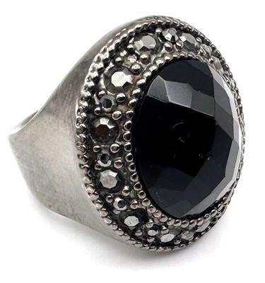 复古签名 Premier Designs Onyx 银色水晶黑色玻璃戒指 8 码 — 第 1/4 张图片
