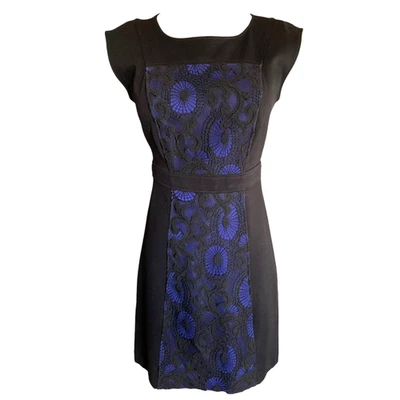 Ann Taylor LOFT Petite 00 Black Sheath Dress Blue Lace Overlay Cap Sleeve Zipper - Image 1 of 4