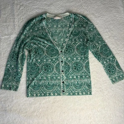Cárdigan de lana geométrico Tory Burch para mujer L verde azulado crema cuello en V manga 3/4 Foto 1 de 4