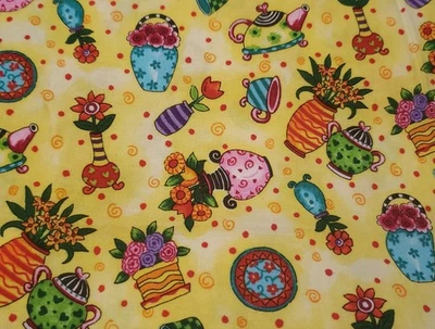 My Sweet Home By Fabri-Quilt Fabric ~42" x ~26" & Scrap Teapot Flowers Colorful - Image 1 of 4