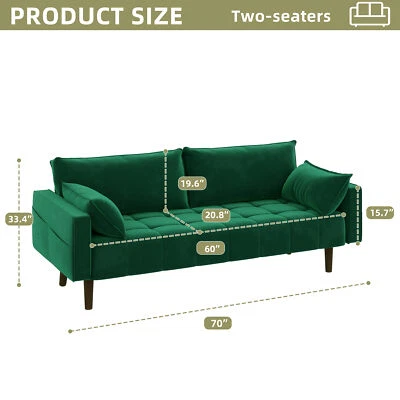 Sofá de 2 plazas de 70" sofá de tela de terciopelo verde sofá de dos plazas y 2 almohadas para sala de estar Foto 1 de 4