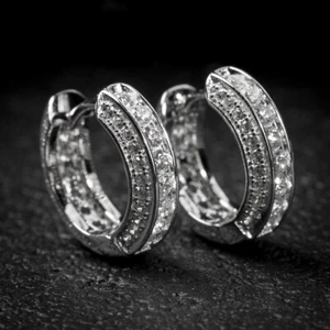 Fully Iced Paved 14K White Gold Plated 3D Cubic Zirconia Men Women Hoop Earrings - Picture 1 of 9