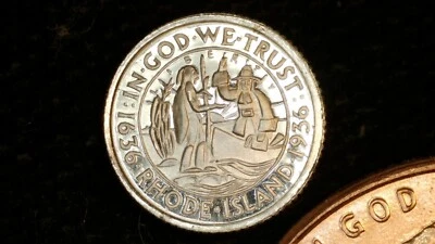 MINIATURE COIN 1936 RHODE ISLAND COMMEMORATIVE HALF PROOF LIKE STERLING SILVER - Image 1 of 2