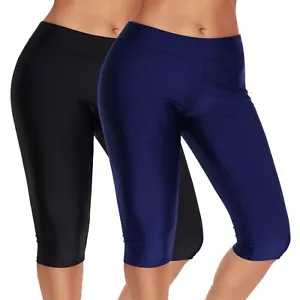 Womens Long Swim Board Shorts Capri 2 Pack Elastic Waist Knee Length Swimsuit - Picture 1 of 18