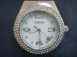 LADIES VENDOUX LARGE STAINLESS DATE WATCH STONES TO BEZEL BLACK LEATHER STRAP - Picture 1 of 1