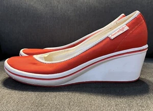 American Eagle shoes women Size 8 red white canvas wedge slip on - Picture 1 of 6