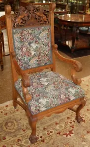 19th Century Tiger Oak Renaissance Revival Needlepoint Throne Office Arm Chair - Picture 1 of 13