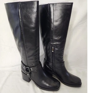 Nine West Knee High Boots Harness Accent Block Heel Black Leather 8.5 - Picture 1 of 8