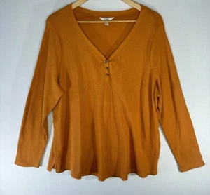 Terra Sky Women's Henley Top V-Neck Waffle Knit Mustard Yellow Long Sleeve 2X - Picture 1 of 5