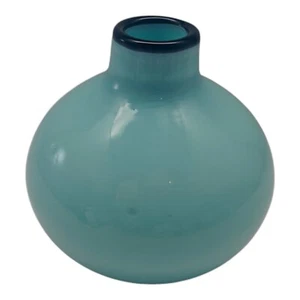 Two Toned Art Glass Bud Vase Aqua Cobalt Blue Rim Bulb - Picture 1 of 7