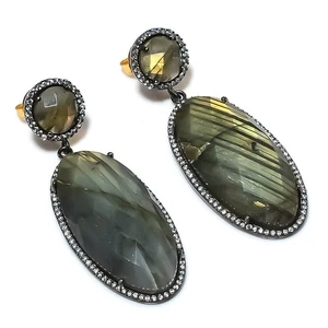 Labradorite, Zircon Gemstone Handmade 925 Sterling Silver Earring 2.52" C839 - Picture 1 of 3